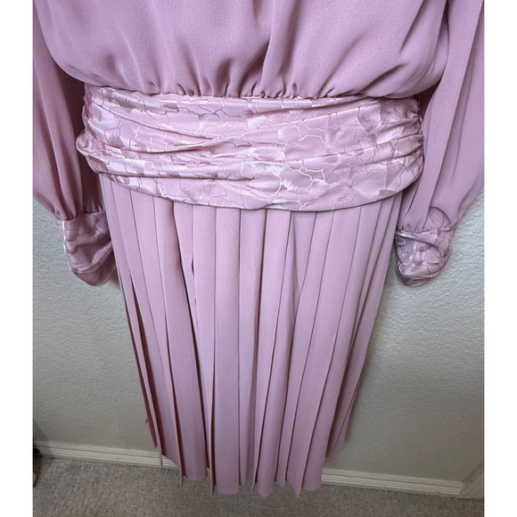 Rose Pink Vtg 80s High Neck Bow Pleated Skirt Set Sz 8 10 Secretary Golden Girls - Picture 3 of 14
